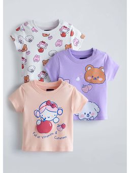 Hopscotch - Multi-Color Teddy Printed Cotton T-Shirts (Pack of 3)