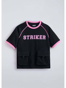 Hopscotch - Black Sporty Raglan Sleeves Cotton T-Shirt
