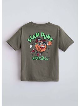 Hopscotch - Olive Back Printed Cotton T-Shirt