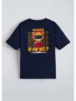 Hopscotch - Navy Blue Teddy Back Printed Cotton T-Shirt