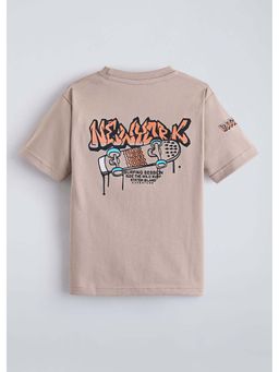 Hopscotch - Brown Back Printed Cotton T-Shirt