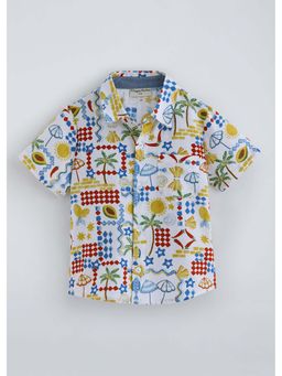 Hopscotch - White Printed Cotton Collared Shirt