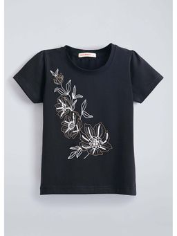 Hopscotch - Navy Blue Sequinned Floral Applique T-Shirt