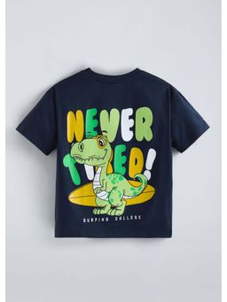 Hopscotch - Navy Blue Dino Back Printed T-Shirt