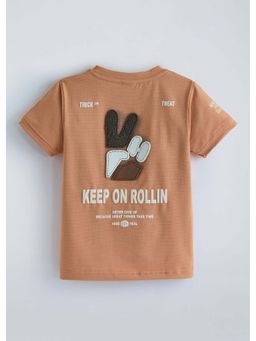 Hopscotch - Brown Front Back Embroidered T-Shirt