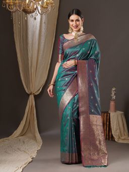 Akhilam - Womens Silk Blend Teal Blue Woven Design Saree with Unstitched Blouse
