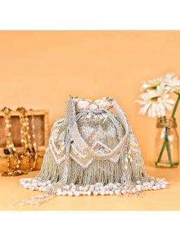 sugarcrush - Embellished Silver Potli Bag with Tassels