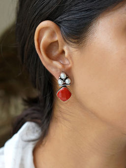 Teejh - Delisha Red Stone Silver Oxidised Stud Earrings for Women