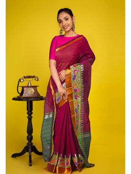 Unnati Silks - Maroon Pure Handloom Assam Sico Saree with Unstitched Blouse - UNM77665