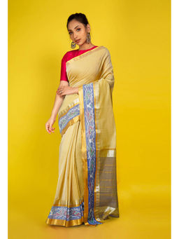 Unnati Silks - Cream Pure Handloom Assam Sico Saree with Unstitched Blouse - UNM77667