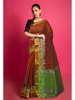 Unnati Silks - Rust Orange Pure Handloom Assam Sico Saree with Unstitched Blouse - UNM77668