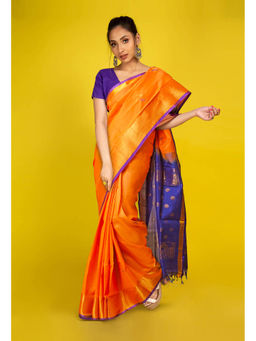 Unnati Silks - Orange Pure Handloom Assam Silk Saree with Unstitched Blouse - UNM77676