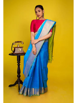 Unnati Silks - Blue Pure Handloom Assam Silk Saree with Unstitched Blouse - UNM77684
