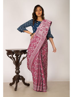 Unnati Silks - Brownish Pink Pure Dabu Printed Chanderi Cotton Saree with Unstitched Blouse - UNM77773