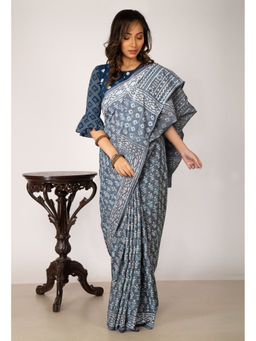 Unnati Silks - Grey Pure Dabu Printed Chanderi Cotton Saree with Unstitched Blouse - UNM77774
