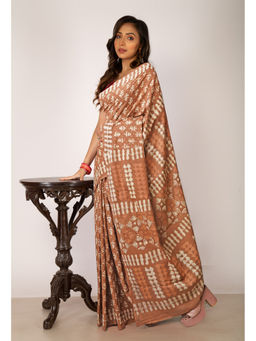 Unnati Silks - Brown Pure Dabu Printed Chanderi Cotton Saree with Unstitched Blouse - UNM77775