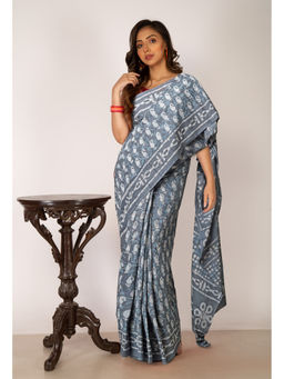 Unnati Silks - Grey Pure Dabu Printed Chanderi Cotton Saree with Unstitched Blouse - UNM77776