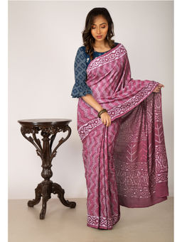 Unnati Silks - Brownish Pink Pure Dabu Printed Chanderi Cotton Saree with Unstitched Blouse - UNM77777