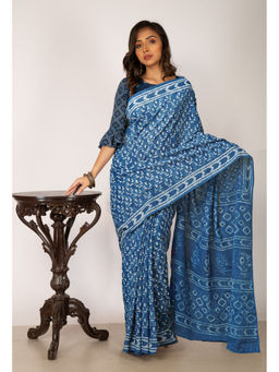 Unnati Silks - Indigo Blue Pure Dabu Printed Chanderi Cotton Saree with Unstitched Blouse - UNM77778
