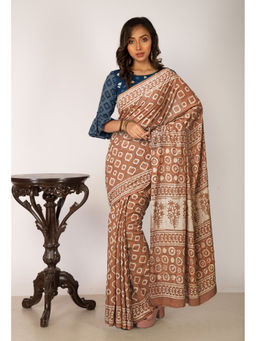 Unnati Silks - Brown Pure Dabu Printed Chanderi Cotton Saree with Unstitched Blouse - UNM77779