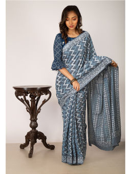 Unnati Silks - Grey Pure Dabu Printed Chanderi Cotton Saree with Unstitched Blouse - UNM77780