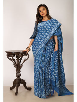 Unnati Silks - Indigo Blue Pure Dabu Printed Chanderi Cotton Saree with Unstitched Blouse - UNM77781