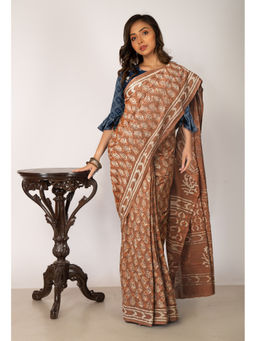Unnati Silks - Brown Pure Dabu Printed Chanderi Cotton Saree with Unstitched Blouse - UNM77782