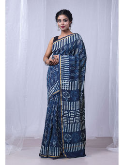 Unnati Silks - Indigo Blue Pure Dabu Printed Chanderi Sico Saree with Unstitched Blouse - UNM77783