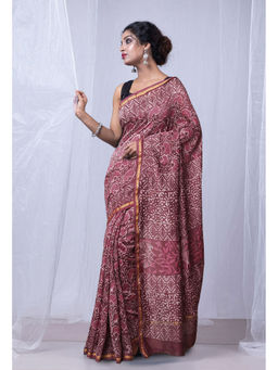 Unnati Silks - Brownish Pink Pure Dabu Printed Chanderi Sico Saree with Unstitched Blouse - UNM77784