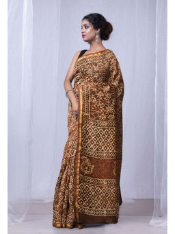 Unnati Silks - Brown Pure Dabu Printed Chanderi Sico Saree with Unstitched Blouse - UNM77785