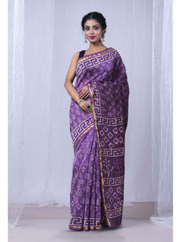 Unnati Silks - Purple Pure Dabu Printed Chanderi Sico Saree with Unstitched Blouse - UNM77786