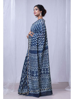 Unnati Silks - Indigo Blue Pure Dabu Printed Chanderi Sico Saree with Unstitched Blouse - UNM77787
