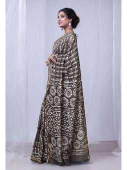 Unnati Silks - Grey Pure Dabu Printed Chanderi Sico Saree with Unstitched Blouse - UNM77788