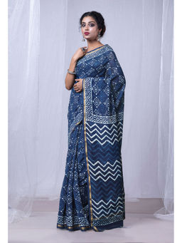 Unnati Silks - Indigo Blue Pure Dabu Printed Chanderi Sico Saree with Unstitched Blouse - UNM77790