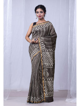 Unnati Silks - Grey Pure Dabu Printed Chanderi Sico Saree with Unstitched Blouse - UNM77791