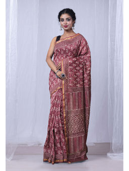 Unnati Silks - Brownish Pink Pure Dabu Printed Chanderi Sico Saree with Unstitched Blouse - UNM77792