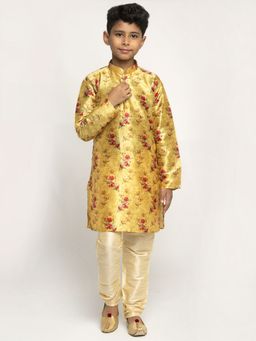 Kraft India - Boys Yellow Color Printed Silk Kurta with Churidar (Set of 2)