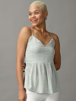 SHOWOFF - Womens Sleeveless Shoulder Straps Sea Green Printed Top