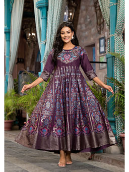 Juniper - Purple Plum Ethnic Motif Printed Santoon Dress with Thread & Zari Work