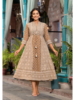 Juniper - Brown Ethnic Motif Printed Georgette A-Lined Dress with Sequins & Doris