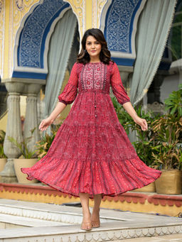 Juniper - Red Ethnic Motif Printed Georgette Gathers Maxi Dress with Sequins & Belt (Set of 2)