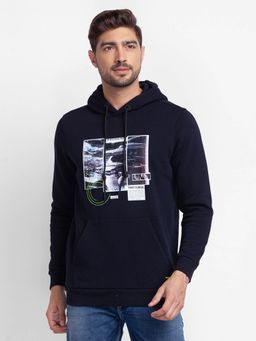 Spykar - Navy Blue Cotton Full Sleeve Hooded Sweatshirt for Men