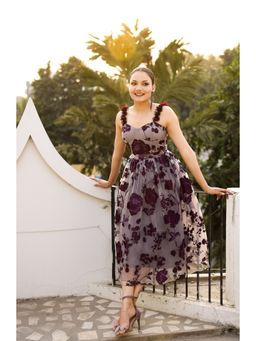 Edition II - Purple Floral Organza Midi Dress with Belt