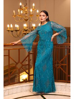 Edition II - Teal Beaded Bell-Sleeve Gown