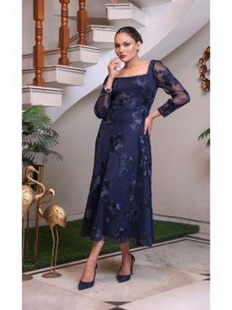 Edition II - Navy Blue Floral Textured Midi Dress