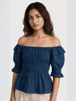 UNIMODA - Blue Poplin Smocking Top