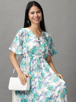SHOWOFF - Womens V-Neck Midi White Floral Dress
