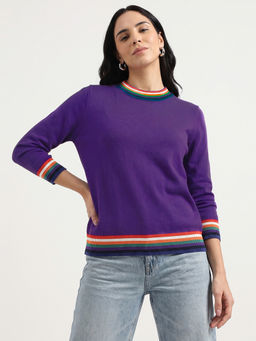 United Colors of Benetton - Women Purple Round Neck Solid Pullover Sweater