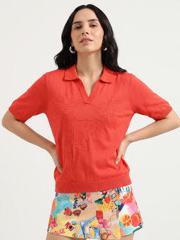 United Colors of Benetton - Women Orange Collar Textured Sweater