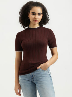 United Colors of Benetton - Women Brown Scalloped Trim Ribbed Lettuce Hem Sweater
